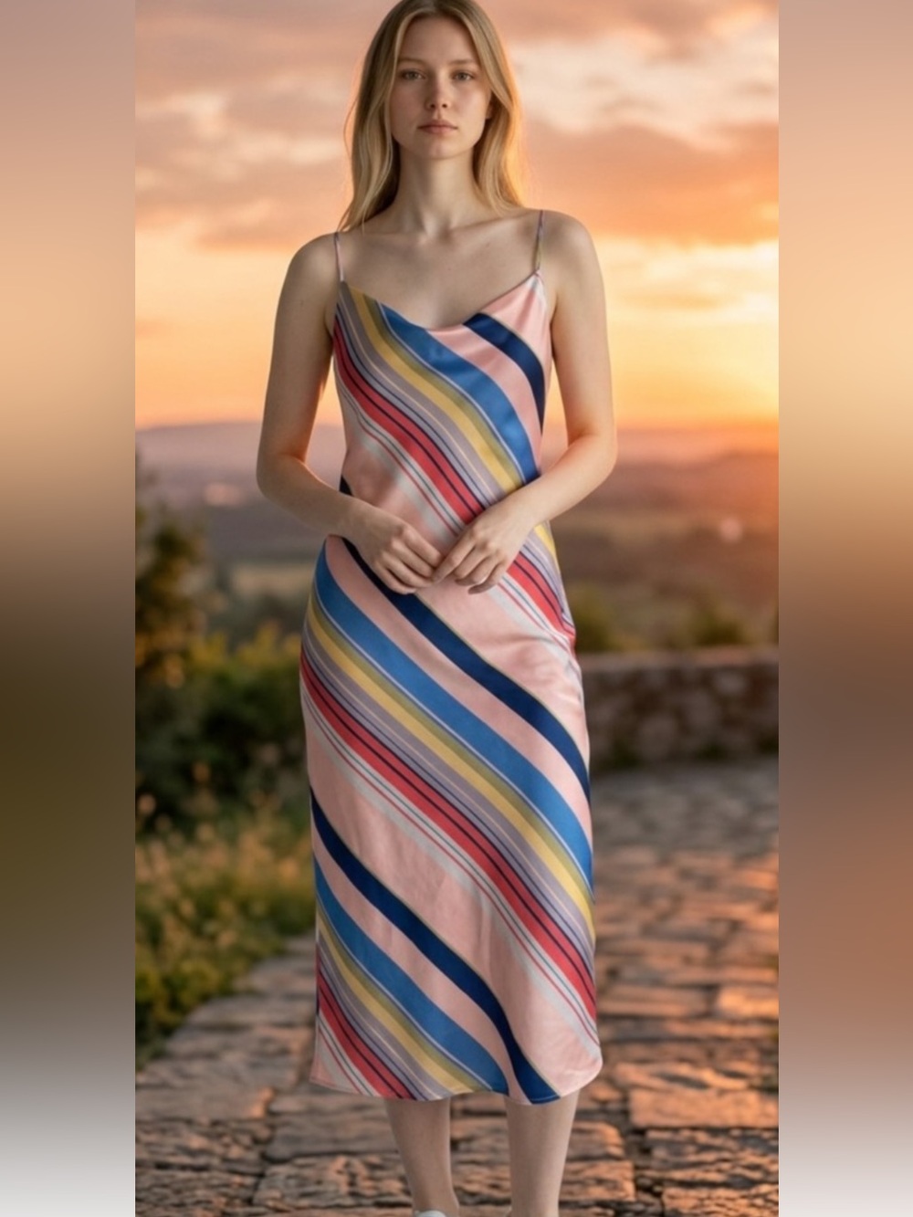 Lucy Paris Pink Diagonal Stripe Slip Midi Dress